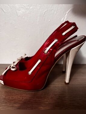 Red Slingback High Heel Pumps with Ivory Accents and Pretty Ribbon Design